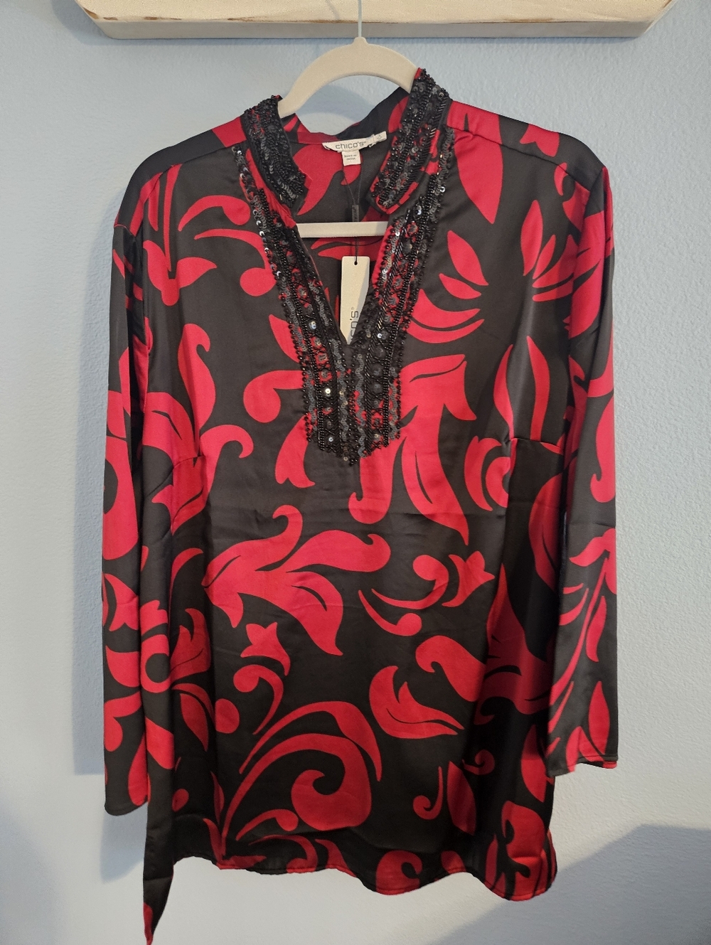 Chico's Red and Black Beaded V-Neck Tunic